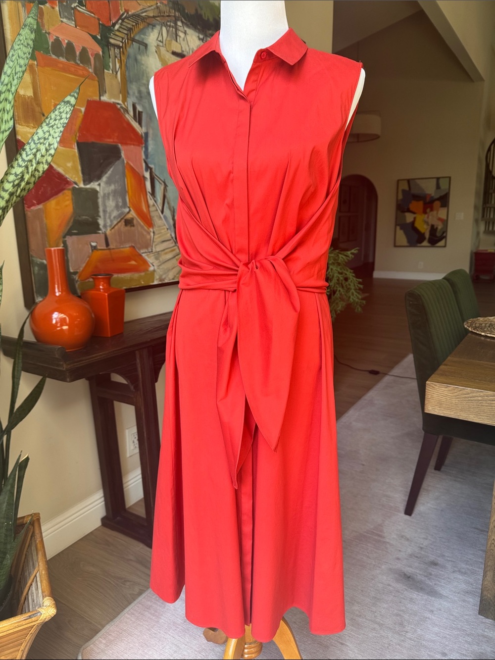 Lafayette 148 New York Sleeveless Red Midi Dress with Front Tie